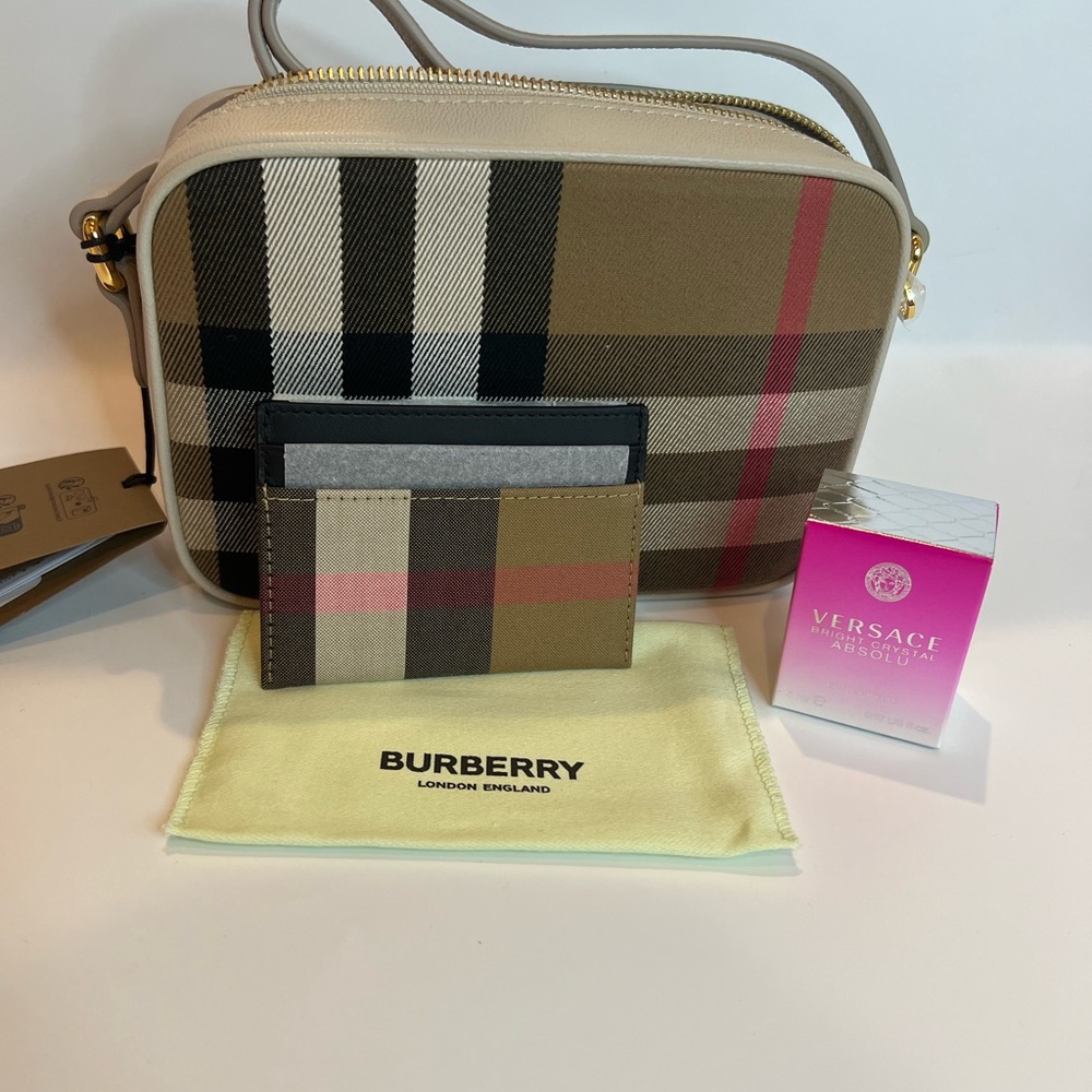 Burberry Tan and Black Checkered Crossbody Bag with Card Holder